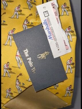 Vintage Ralph Lauren Yellow Tennis Player Print Silk Tie. Made In Italy